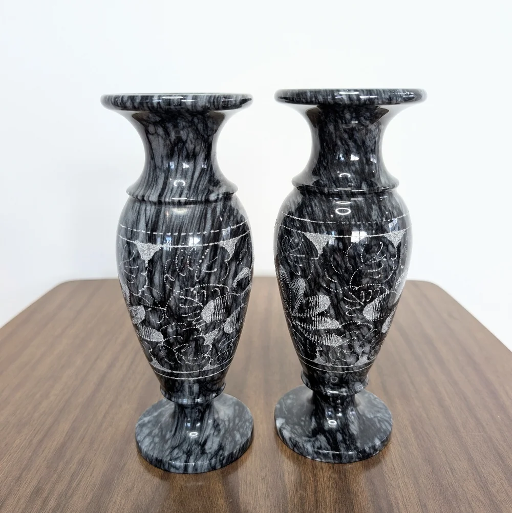 Pair Of Black & Gray Quartz Vained Marble Floral Etched Footed Vases Solid Stone